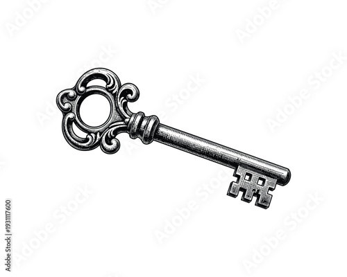 Vintage skeleton key vector graphic with ornate scrollwork and antique metal bit