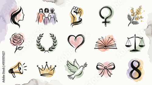A collection of watercolor-style icons representing women's empowerment, rights, and diverse aspects of life.