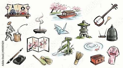 A vibrant collection of traditional Japanese cultural elements, showcasing art, music, and daily life.