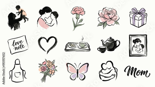 A collection of charming watercolor illustrations depicting various elements associated with Mother's Day celebrations and maternal love.