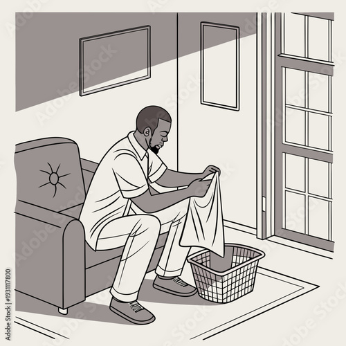 Man folding laundry while sitting on a couch