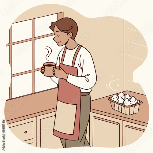 Man enjoying a hot drink in the kitchen