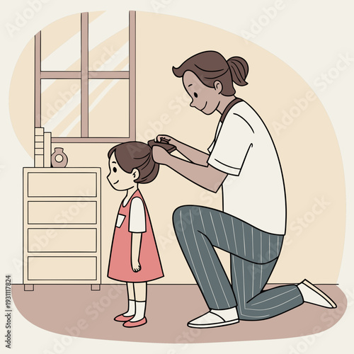 Father Tying Daughter's Hair at Home
