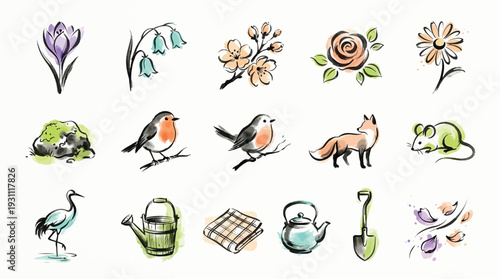 A charming watercolor illustration featuring a collection of whimsical garden and nature-themed icons, including various flowers, birds, animals, and gardening tools.