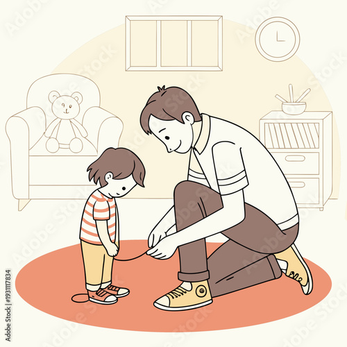 Father teaches child to tie shoelaces at home