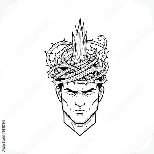 Stylized Man's Head with Thorny Crown - Conceptual Illustration of Pain, Burden, Mental Anguish, and Inner Struggle