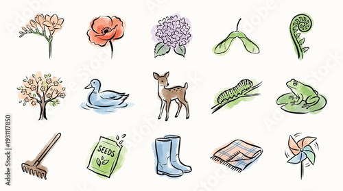 A charming watercolor illustration featuring a collection of spring and garden-themed icons, including flowers, animals, and gardening tools.
