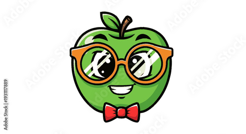 Cartoon Green Apple Character Wearing Glasses.