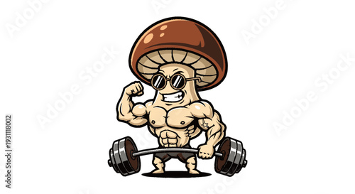 Cartoon Mushroom Character Lifting Weights Strong.
