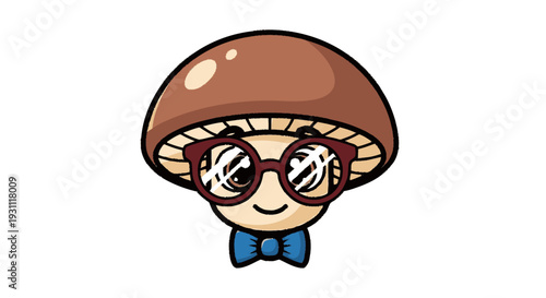 Cartoon Mushroom Character with Glasses and Bowtie.