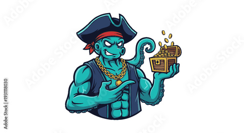 Cartoon Octopus Pirate Holding Treasure Chest.