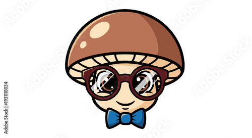 Cartoon Mushroom Character with Glasses Bowtie.