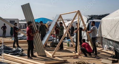 Wallpaper Mural Refugees Collaborating to Build Temporary Shelter Torontodigital.ca