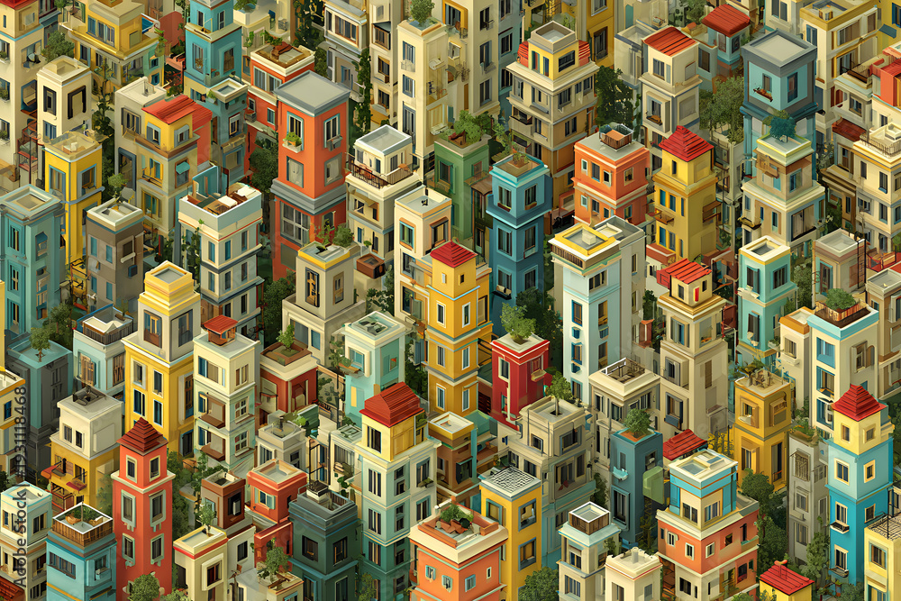Fototapeta premium Colorful buildings densely packed in a vibrant urban cityscape during daylight hours
