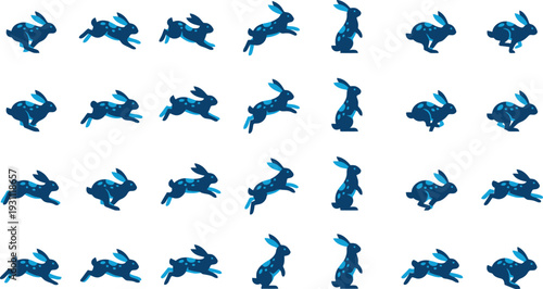 Bunny Set of 28 Blue Running Rabbit Silhouettes Vector Actions