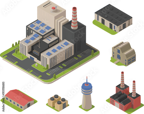 Isometric industrial power plant complex with factory buildings, chimneys, solar panels, warehouses, and energy production infrastructure illustration