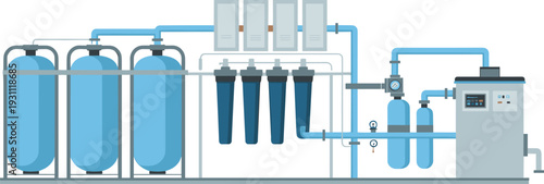 Isometric industrial reverse osmosis water treatment system with filtration tanks, membrane cartridges, control panel, and purification equipment