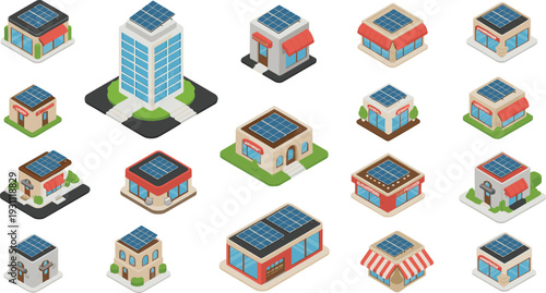 Isometric solar energy buildings collection featuring residential houses, retail stores, and office towers with rooftop renewable power systems