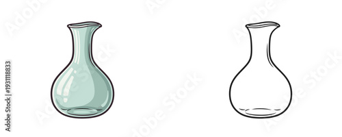 Glass carafe shown in colored cartoon and black outline versions using light blue and transparent colors representing a glass decanter for water or wine isolated on a white background