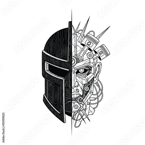 Cyborg Knight Head Illustration - Duality of Medieval Armor and Futuristic Robot Face. AI, Technology & Warrior Concept.