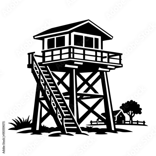 Rural countryside watch tower with wooden stairs