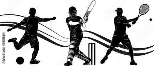 Mixed Sport Players Black Silhouettes Set, Soccer, Cricket Batsman and Tennis Player Action Poses Vector Illustration Collection, Game Competition Graphic
