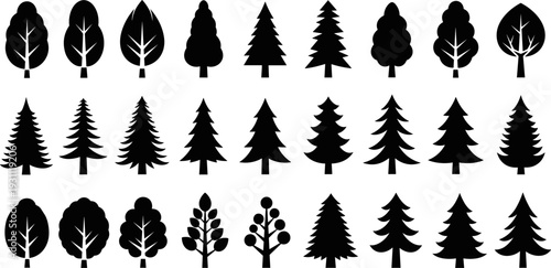 Minimalist Tree Silhouette Vector Collection, Forest Nature Icon Set, Various Shapes, Pine, Leafy, Simple Black Abstract Symbols, Environment, Ecology, Organic Design Elements