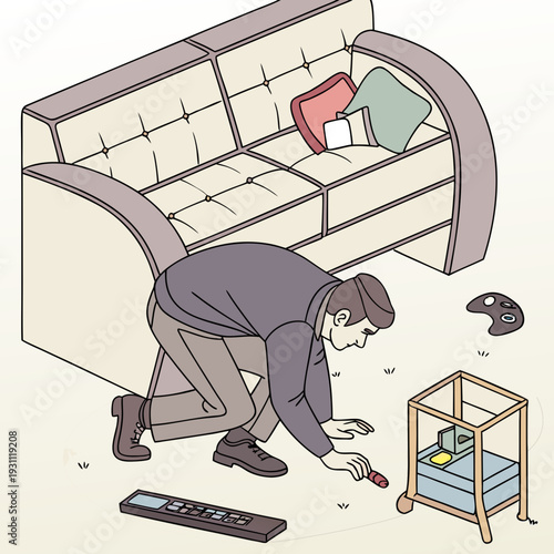 Man searching under sofa for lost sock