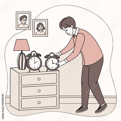 Man setting alarm clocks on nightstand in home