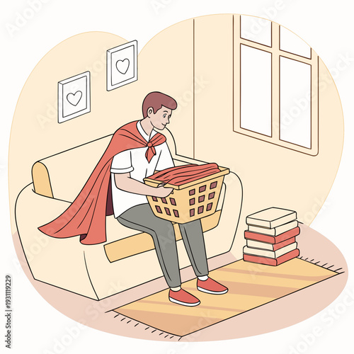 Superhero Househusband Folds Laundry on Sofa