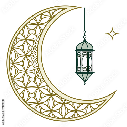 Ornate Islamic Crescent Moon with Lantern and Star