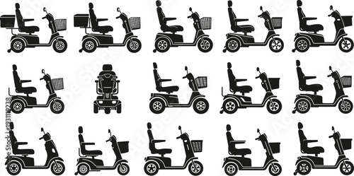Mobility scooter silhouette vector set, electric wheelchair scooter collection with rider in multiple views, black transportation illustration isolated on white background