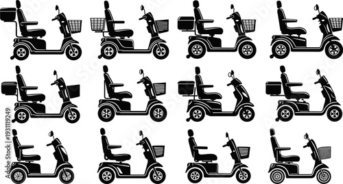 Mobility scooter silhouettes set, electric senior scooters with baskets and seats, black vector illustration for healthcare, accessibility, elderly transport, medical design