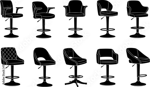 Modern bar chair silhouettes vector set, adjustable swivel stools collection, black and white furniture illustration for interior design, kitchen bar, cafe branding