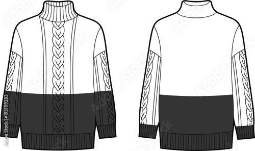 Modern cable knit turtleneck sweater design illustration, stylish winter fashion pullover template, cozy warm clothing mockup, casual knitwear outfit vector