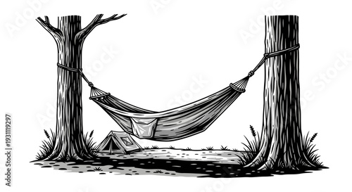 Hammock suspended between two trees for relaxation and camping outdoors.