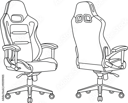 Modern ergonomic gaming chair vector illustration, office swivel seat design, comfortable adjustable armrest, high back support, black line drawing, furniture concept