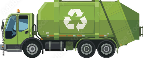 Modern green garbage truck vector illustration with recycle symbol, waste management vehicle side view, eco-friendly transport and environmental sanitation service concept design