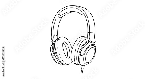 Detailed Line Art Drawing of Over Ear Headphones for Music Listening.
