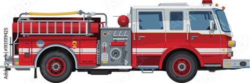 Modern red fire truck detailed vector illustration, emergency rescue vehicle with equipment, firefighting transport design for safety and emergency service concept