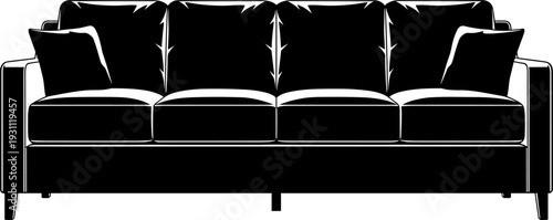Modern sofa silhouette vector illustration, comfortable living room couch furniture design, minimalist interior decor element, black upholstered seating isolated on white background