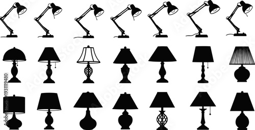 Modern table lamps and desk lamp silhouettes collection, black vector illustration set for interior lighting design, home decor, furniture catalog, icon style