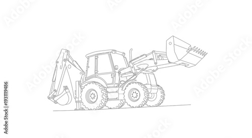 Detailed outline of a heavy construction backhoe loader machine.