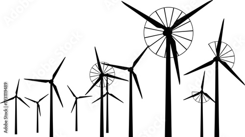 Modern Wind Turbine Silhouettes Vector Set, Renewable Energy Generator Farm Graphic, Clean Power Technology Icons, Sustainable Electricity Source Design Elements, Ecological Future Concept.