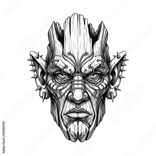 Intricate Dark Fantasy Wooden Golem Head with Spiked Ears and Tribal Details