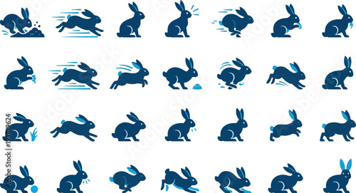 Bunny Set of 30 Blue Rabbit Icons Vector Actions