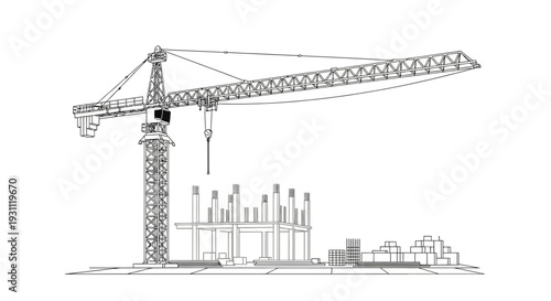 Architectural line drawing of a tower crane on a building construction site.