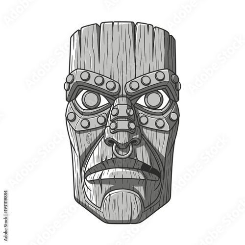 Mysterious Ancient Tribal Wooden Mask Illustration with Ornate Metal Accents and Nose Ring - Grayscale Primitive Art