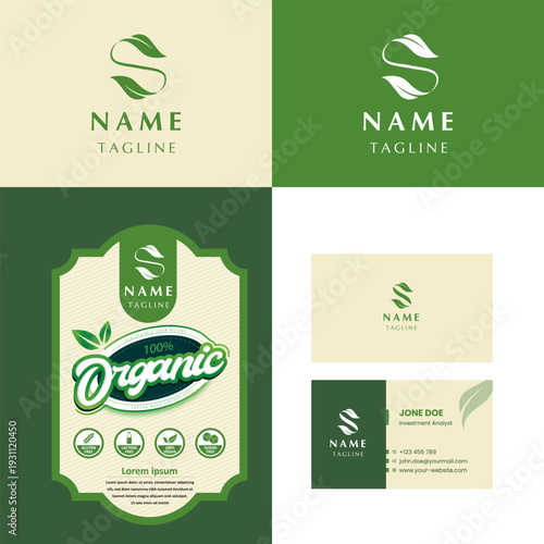 Green Organic Brand Identity Template with Leaf Logo and Packaging Design Mockup