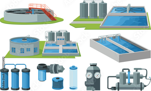 Isometric wastewater treatment plant illustration with clarifiers, aeration basins, filtration units, storage tanks, and industrial water purification equipment